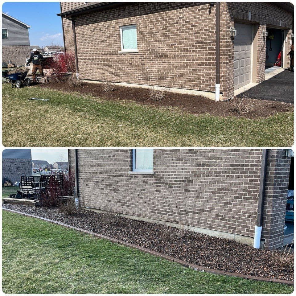 Before and after landscaping transformation of a brick home exterior featuring fresh mulch.