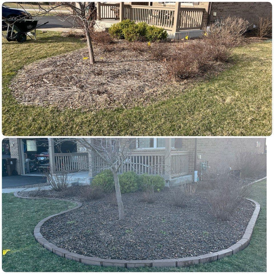 Before and after garden makeover showcasing improved landscaping with fresh mulch and defined borders.